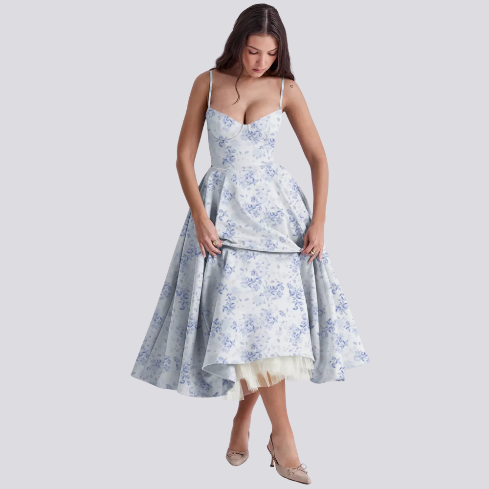 Feminines Blumen Midikleid mit Korsett Oberteil