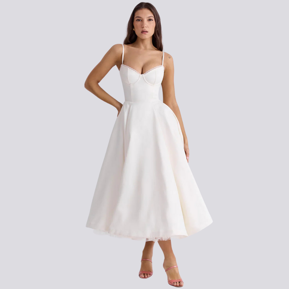 Feminines Blumen Midikleid mit Korsett Oberteil