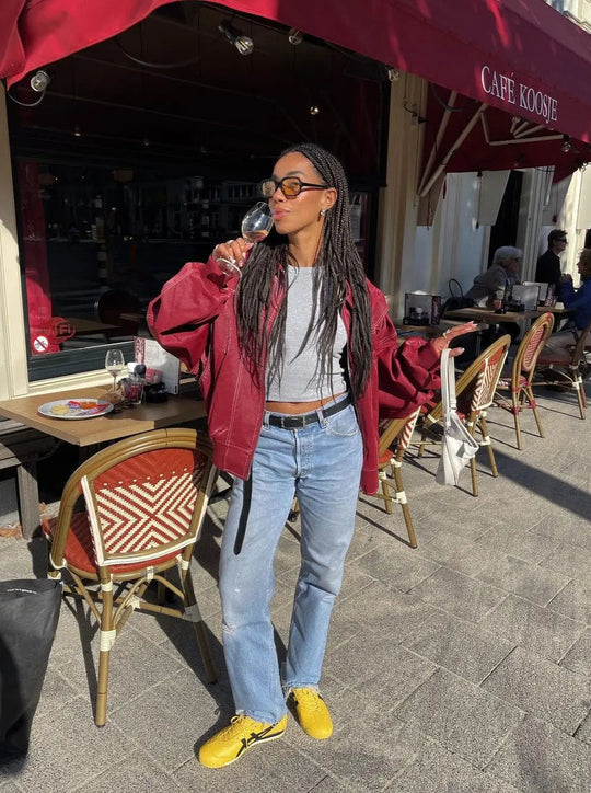 Burgundisch Zip up Jacke in Übergröße mit Kontrastnähten