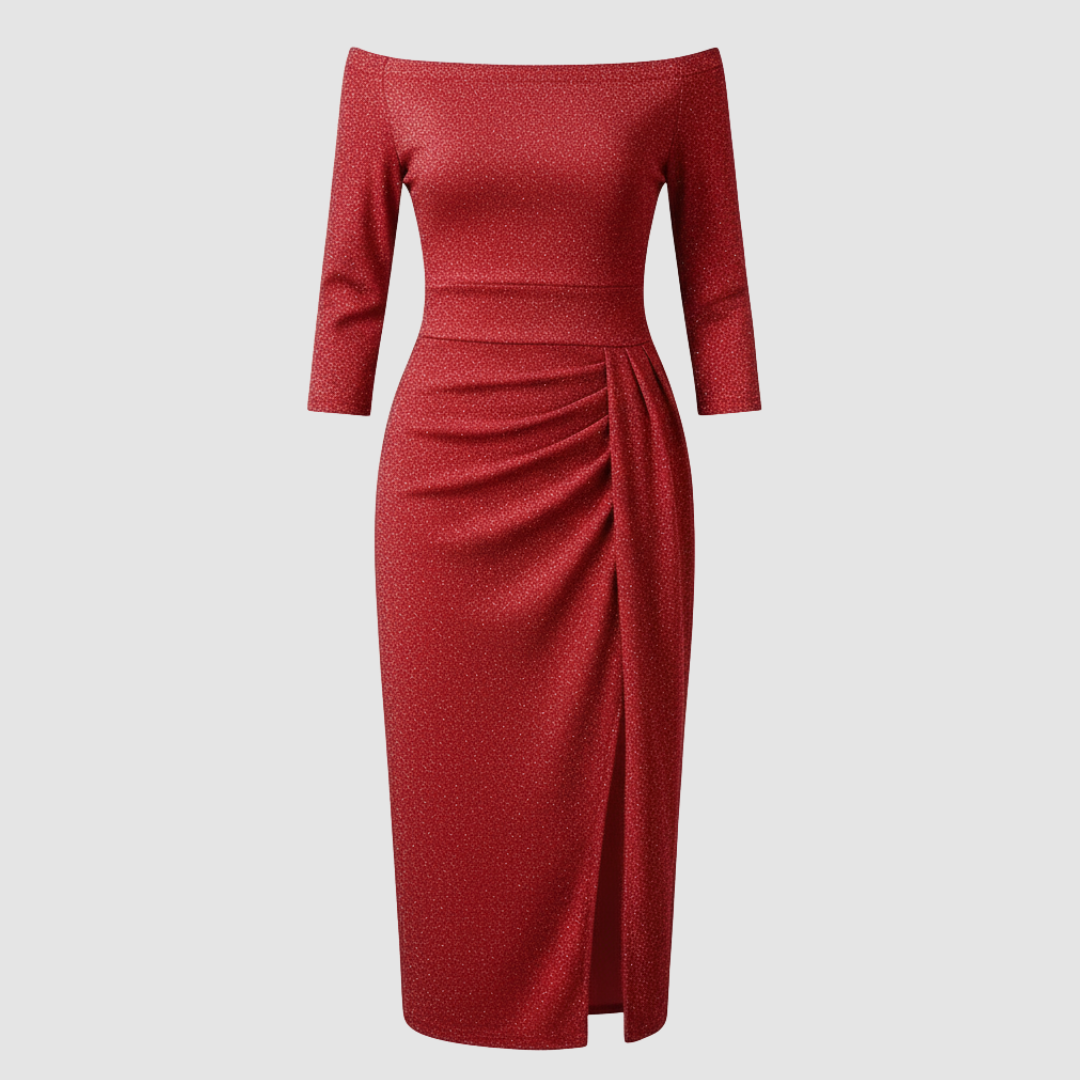 Elegantes Hochzeitsgast Kleid Off Shoulder Lang Satin | Shop Nory