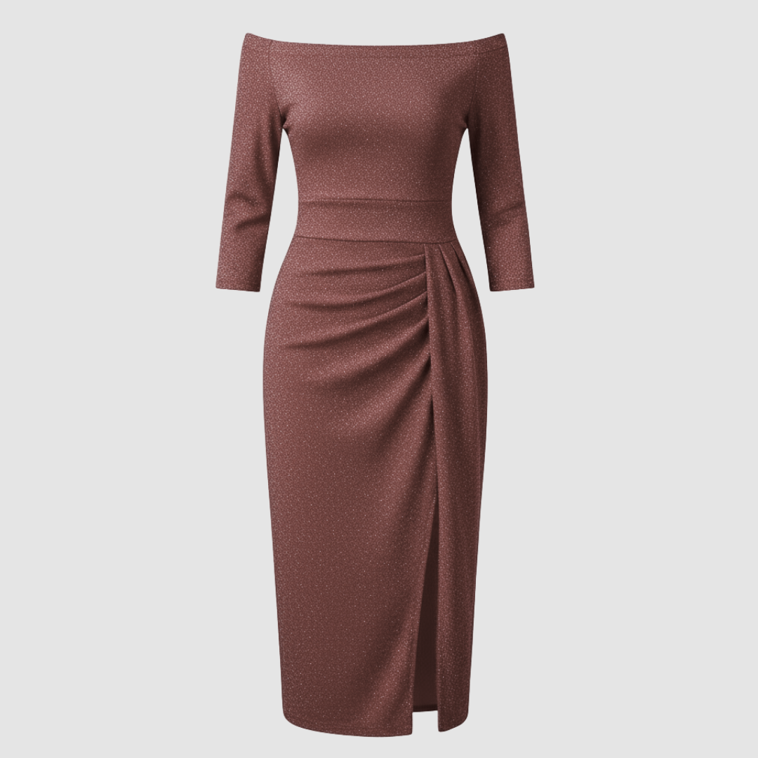 Elegantes Hochzeitsgast Kleid Off Shoulder Lang Satin | Shop Nory