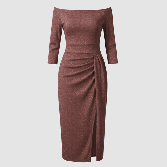 Elegantes Hochzeitsgast Kleid Off Shoulder Lang Satin | Shop Nory