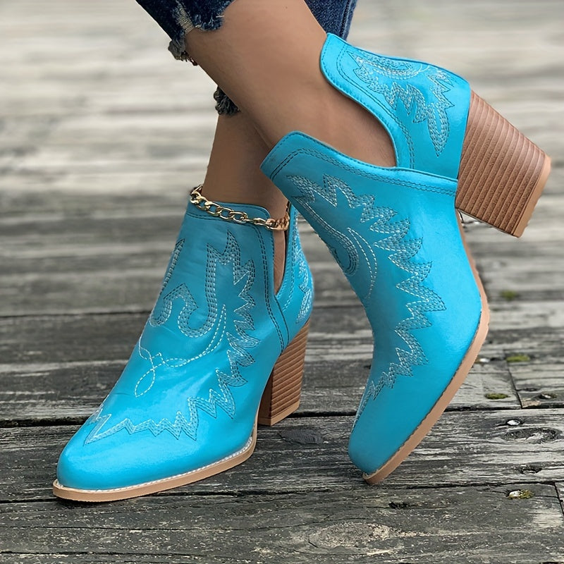 Damen Westernstiefel mit Blockabsatz und Retro-Stickerei