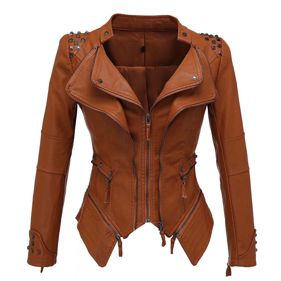 Damen Enganliegende Genietete Biker Lederjacke