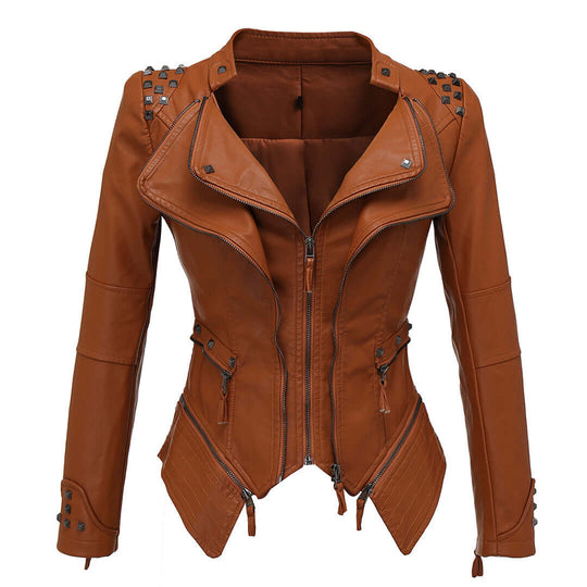 Damen Enganliegende Genietete Biker Lederjacke