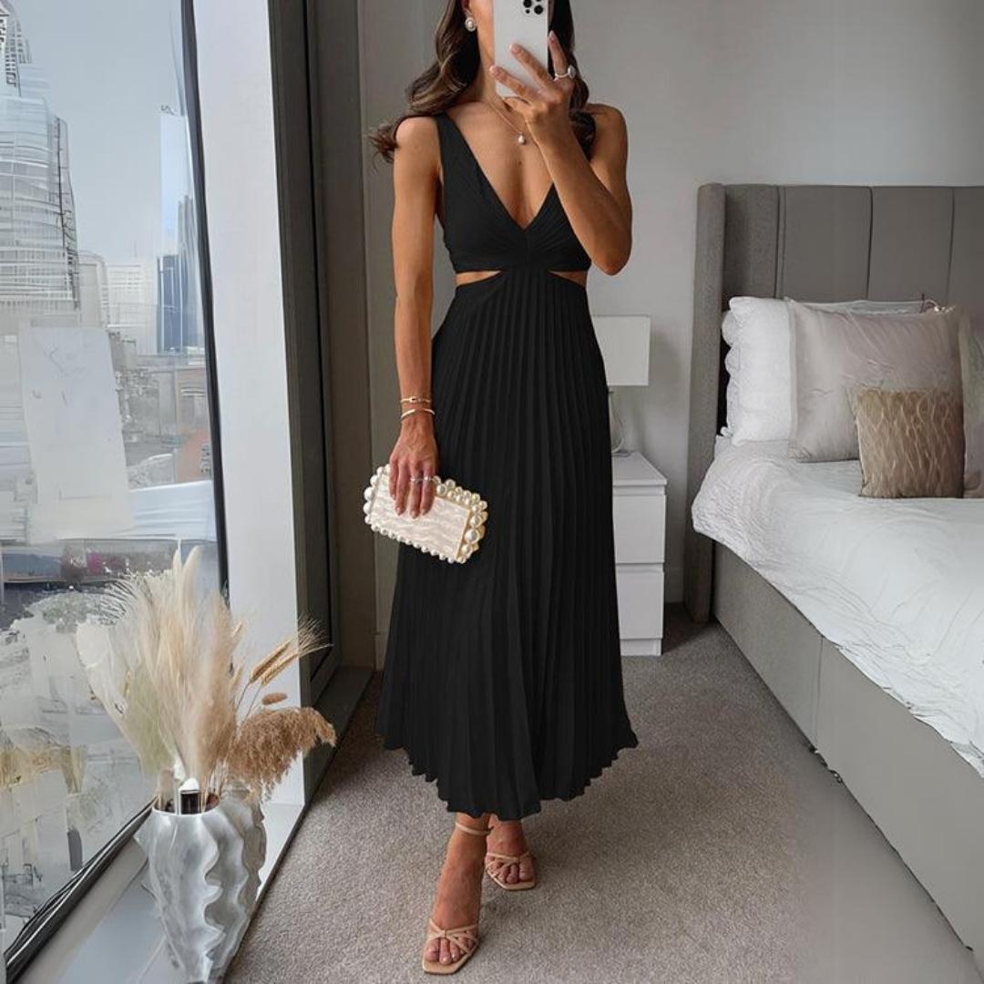 ShopNory | Midi Kleid Ärmellos V-Ausschnitt Twist Front & Cut Out Detail Plissierter Rock