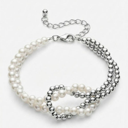 Damen Doppeltes Perlenarmband mit Silberfarbenen Kugelperlen | Shop Nory