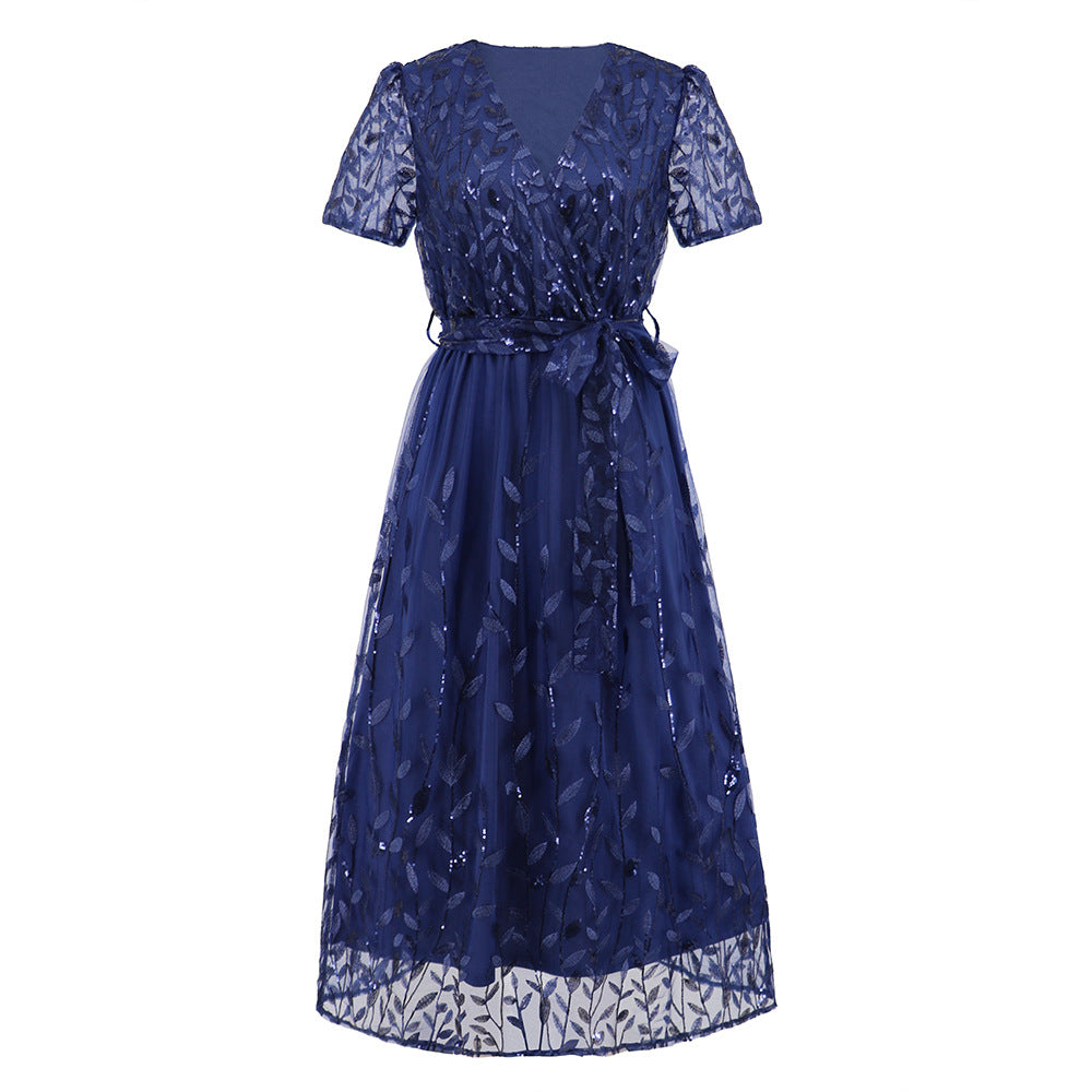 Kurzärmliges Kreuz V-Ausschnitt Gürtel Midi Kleid