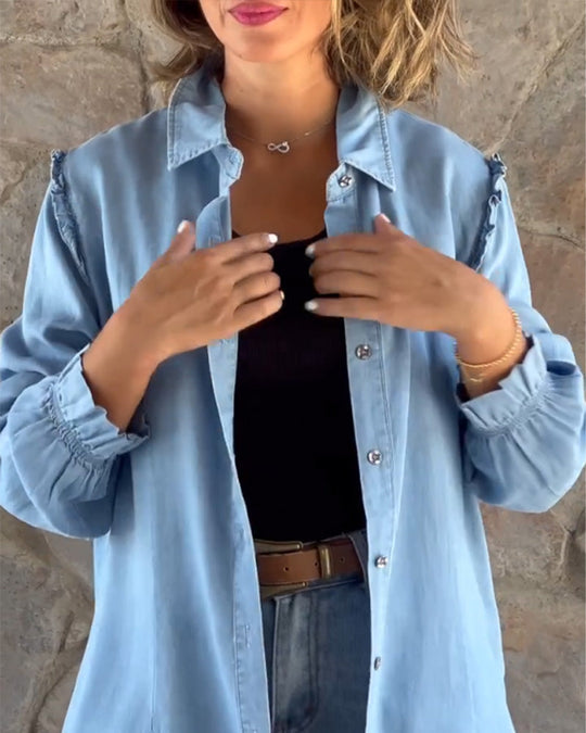 Shopnory | Lässige Lange Denim Hemd Baumwolle Komfortabel und Entspannt