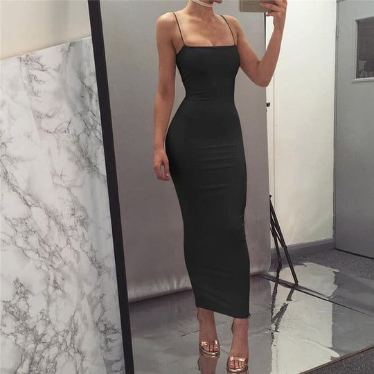 Bodycon Kleid Midi Länge Spaghettiträger Elegant und Figurbetont
