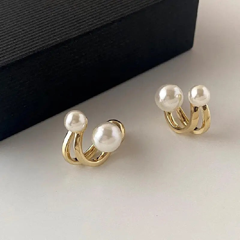 Damen Gold Doppelseitige Simulierte Perlen Doppelschicht0 Haken Stud Ohrringe | Shop Nory