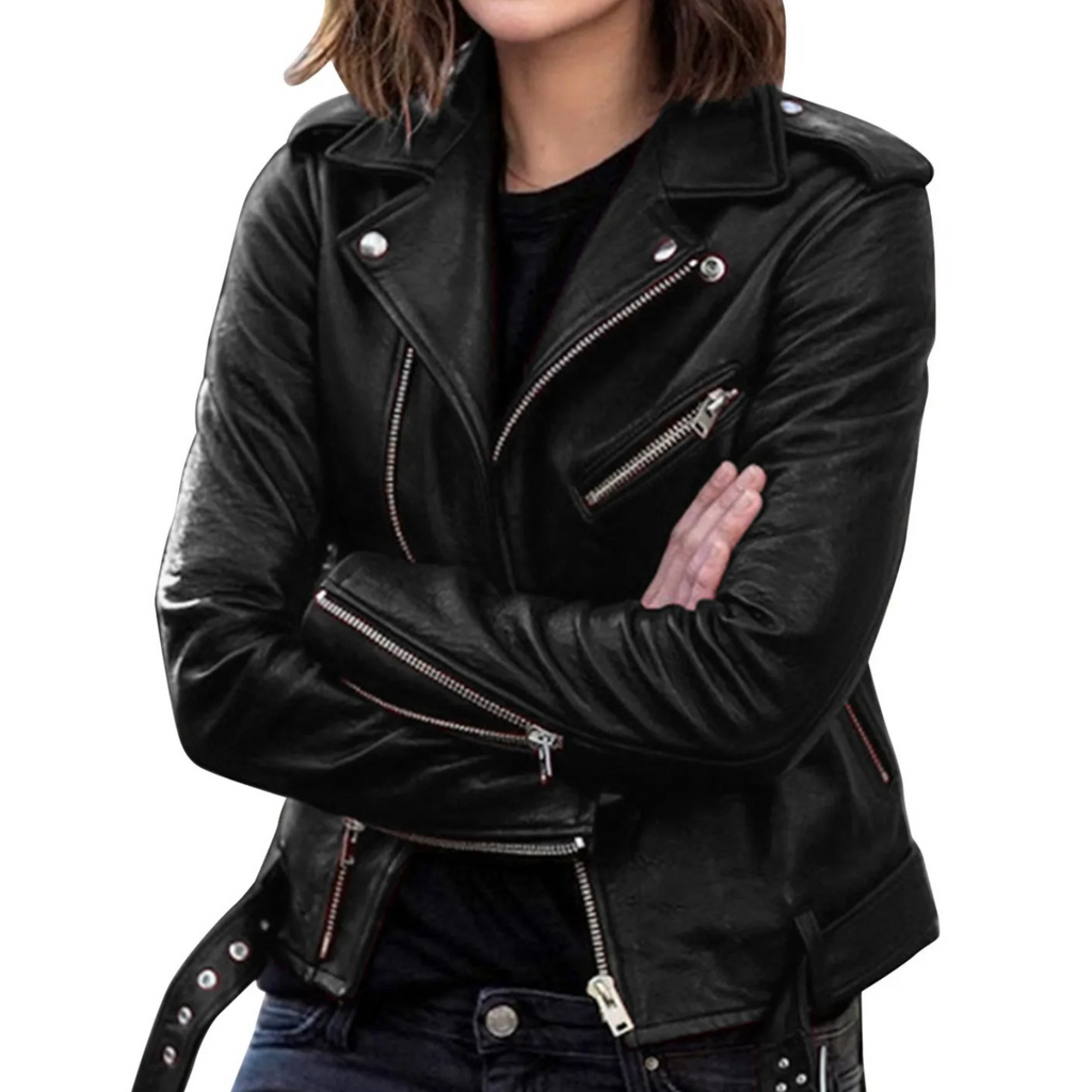 jacke Damen Biker Modell mit Gürtel und Reißverschlussdetails