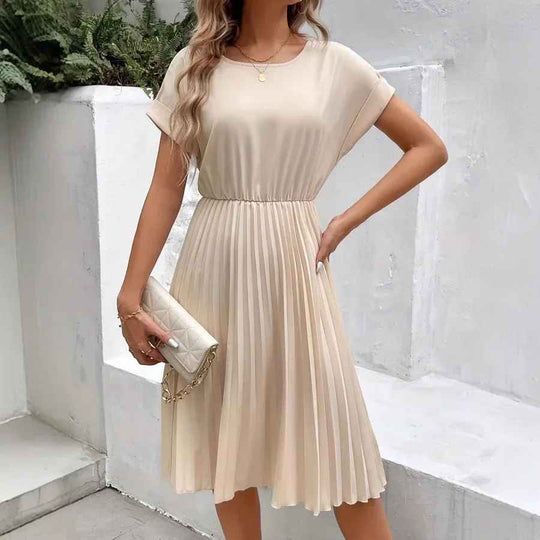 Einfarbig Plissierter Kurzarmkleid