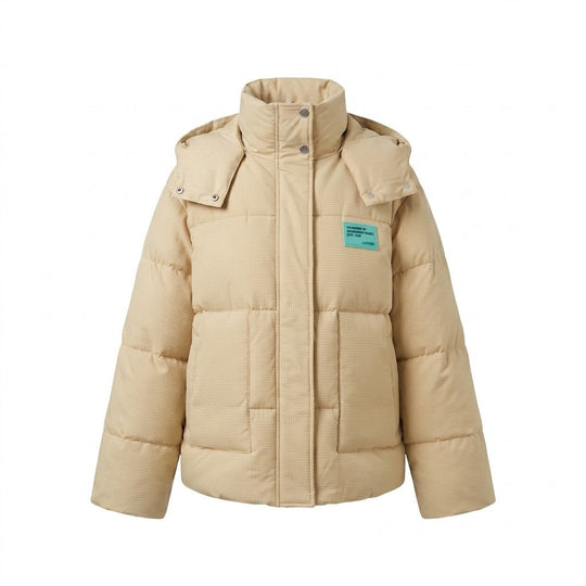Damen kurze Thermo-Pufferjacke mit strukturiertem Mikrokaro-Stepp und ergonomischem Kapuzenkragen