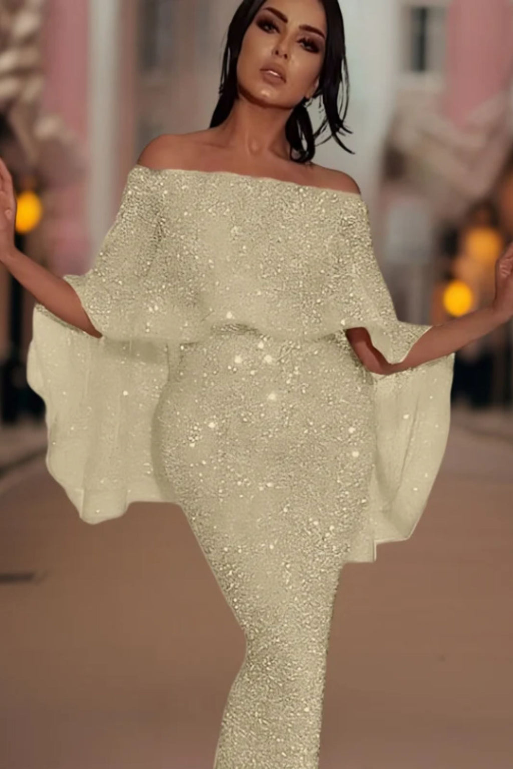 Off-Shoulder Glitzer Maxi Kleid