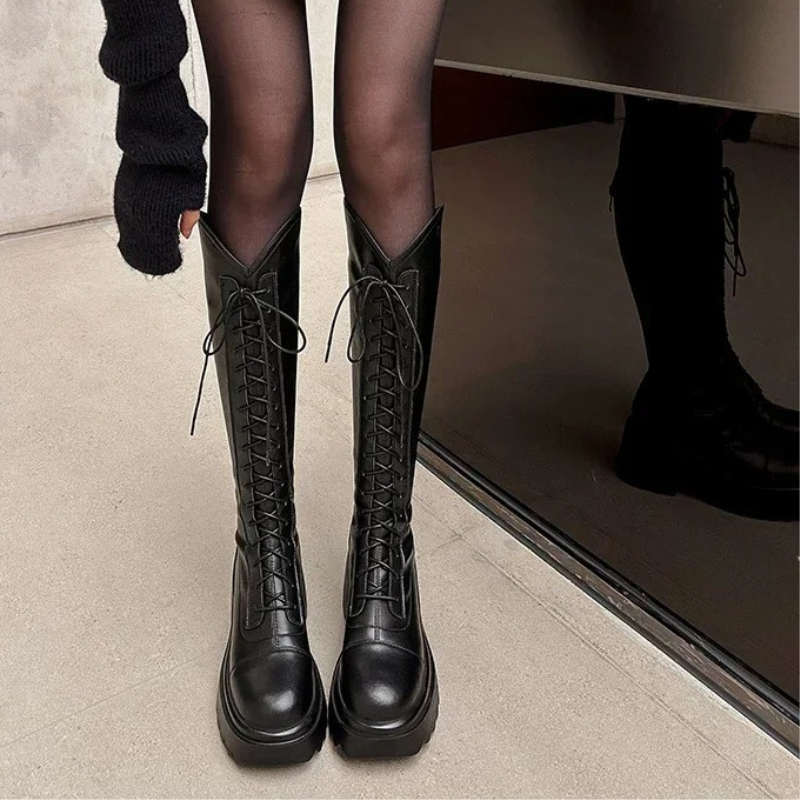 Hohe Stiefel Damenstiefel mit Schnürung und Robuster Ferse