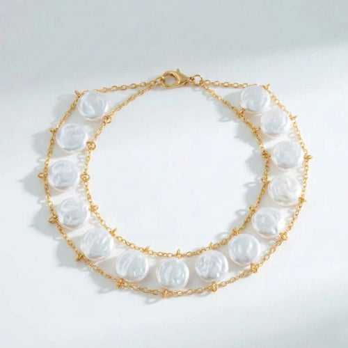 Damen Doppelreihiges Perlenarmband mit Goldfarbener Kette | Shop Nory