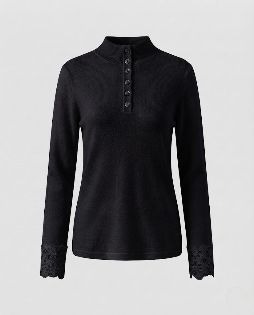 Damen Feiner Stehkragenpullover mit dekorativer Knopfleiste und Spitzenmanschetten Shop Nory