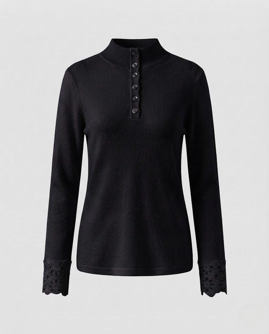 Damen Feiner Stehkragenpullover mit dekorativer Knopfleiste und Spitzenmanschetten Shop Nory