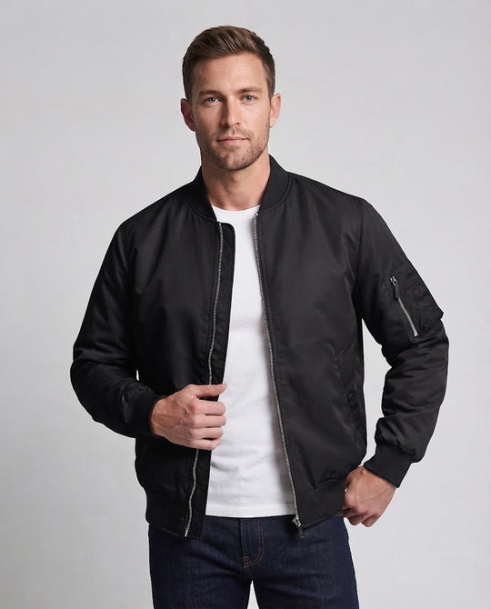 Herren leichter Nylon-Flightbomber mit Ärmeltasche, doppeltem Reißverschluss und gerippten Bündchen Shop Nory