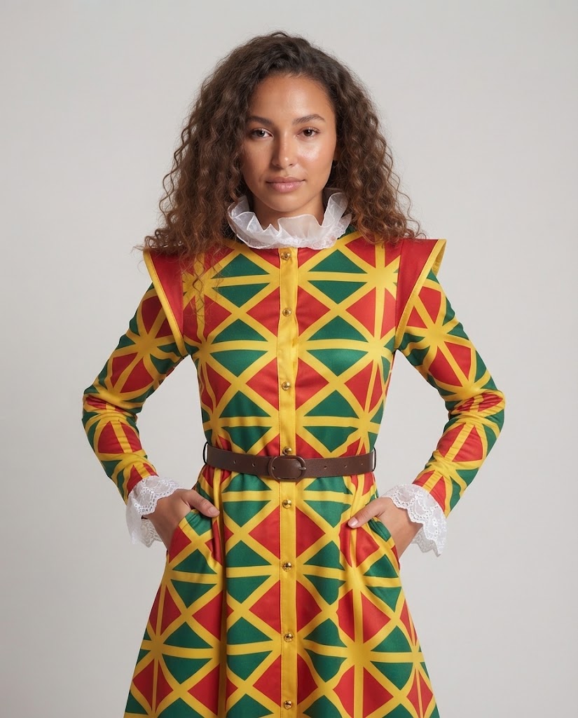 Damen Karneval Kostüm mit buntem Oberteil, Hose und Kragen Shop Nory