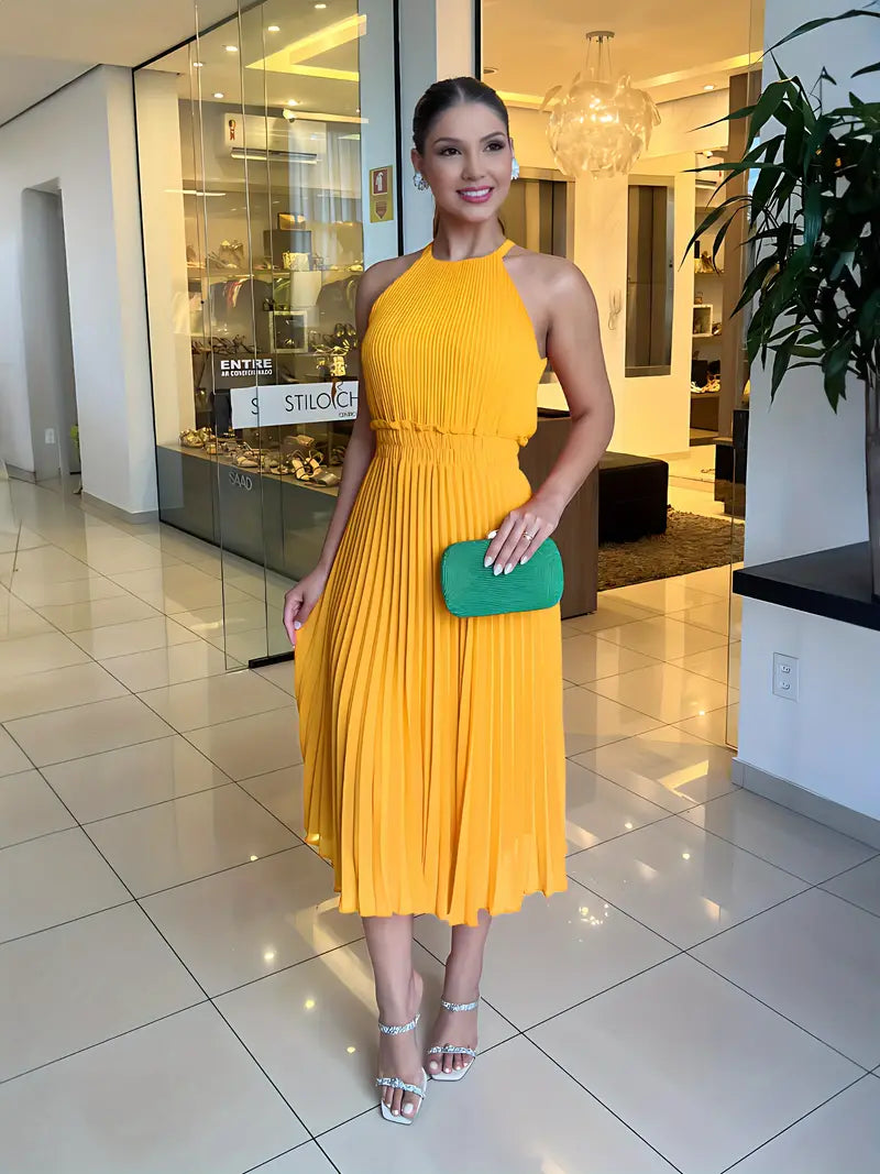 Shopnory | Elegantes X-Sommer Midikleid mit Rundhalsausschnitt und Gesch Gathered Taille
