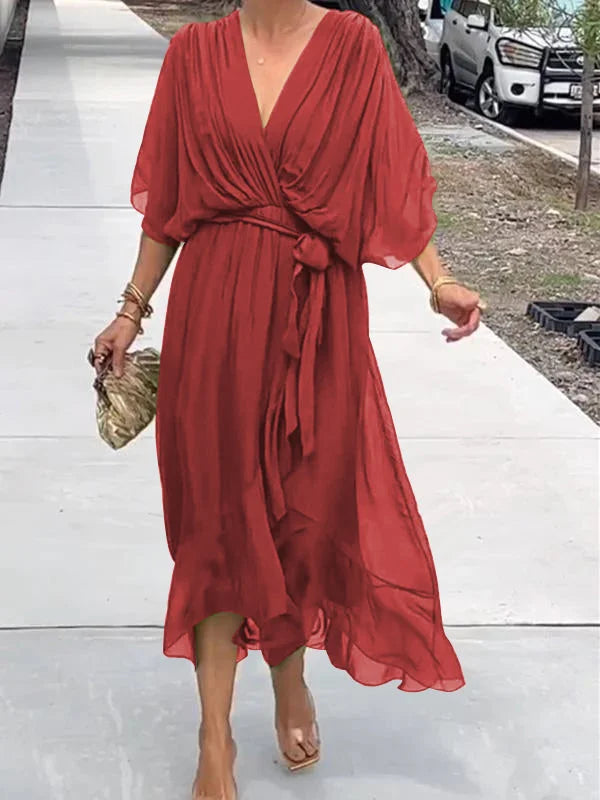 Damen Chiffonkleid Grün V-Ausschnitt Sommerkleid