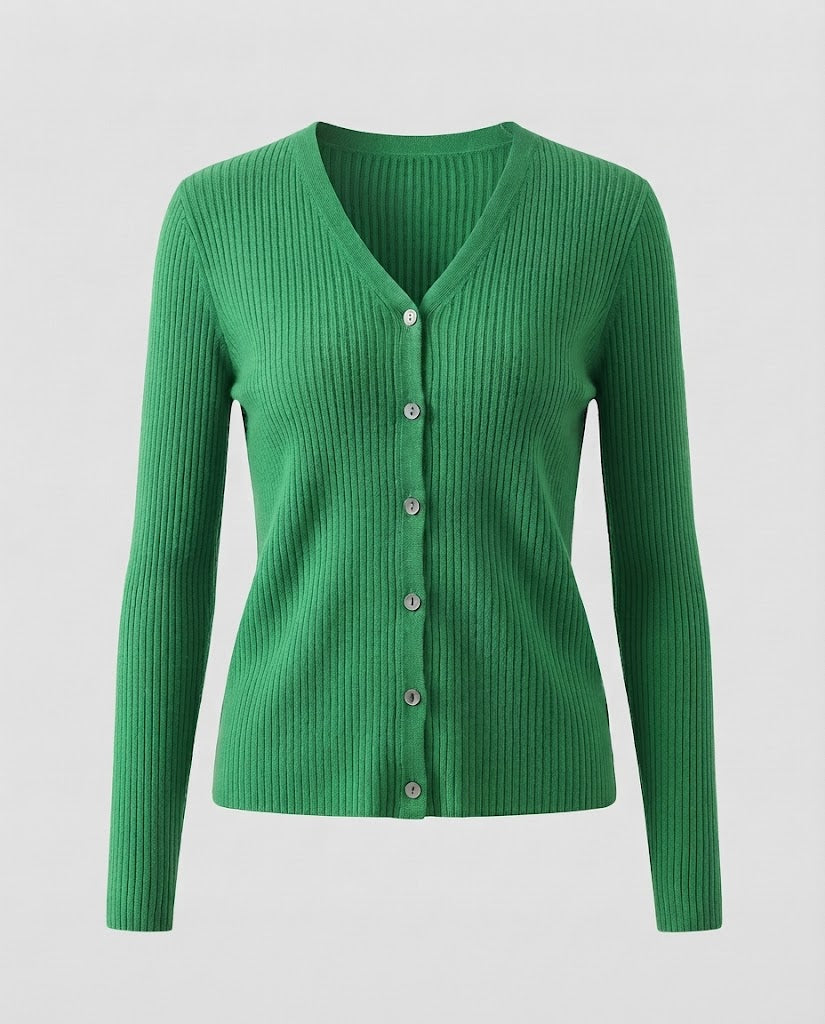 Damen Feiner gerippter V‑Neck-Cardigan aus Kaschmir‑Optik mit stretchiger Rippstruktur und Perlmuttknöpfen Shop Nory