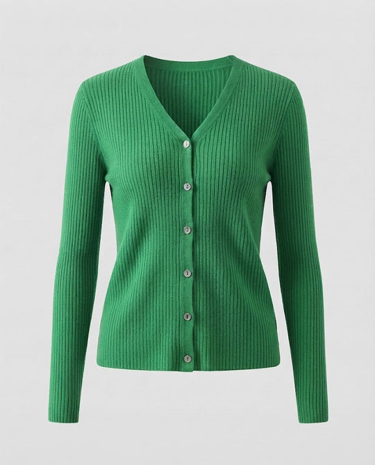 Damen Feiner gerippter V‑Neck-Cardigan aus Kaschmir‑Optik mit stretchiger Rippstruktur und Perlmuttknöpfen Shop Nory