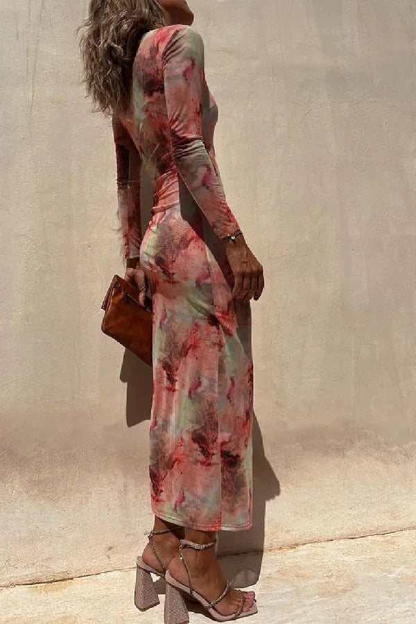 Charm Lady Mesh Overlay Tie Dye Print Langarm Rüsch Stretch Midi Kleid