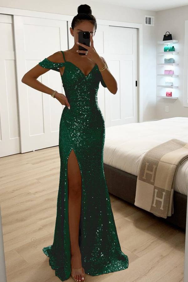 Paillettenspitze Meerjungfrau Abschlussballkleider mit Schlitz Off-Shoulder Abendkleid