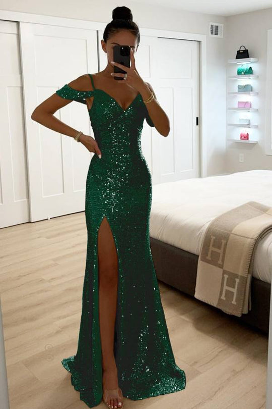 Paillettenspitze Meerjungfrau Abschlussballkleider mit Schlitz Off-Shoulder Abendkleid