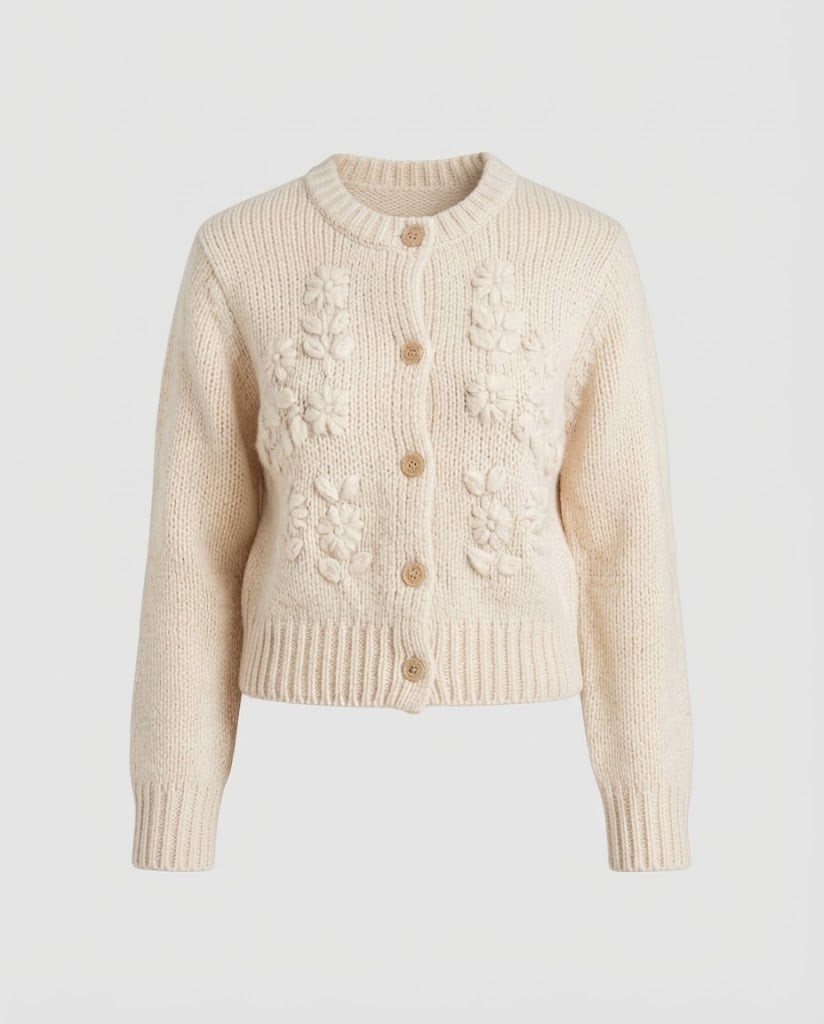Damen Grobstrick-Cardigan mit Bobble‑Details, Rundhalsausschnitt und Perlmuttknopfleiste Shop Nory