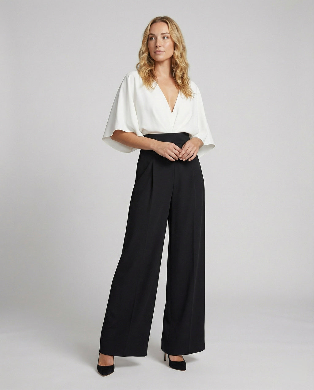 Britischer Stil Eleganter Farbblock Tasche Kontrast V-Ausschnitt Lockere Jumpsuits