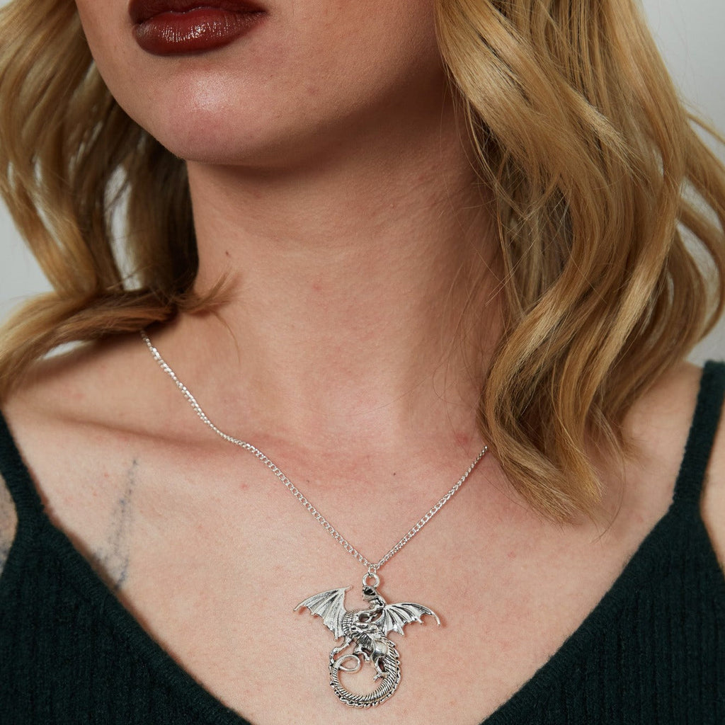 Große silberne gotische Drachenanhänger-Halskette | Shop Nory