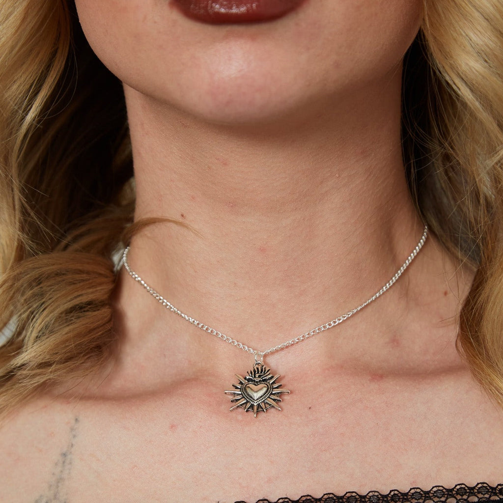 Silver Sacred Flaming Heart Charm Necklace | Shop Nory