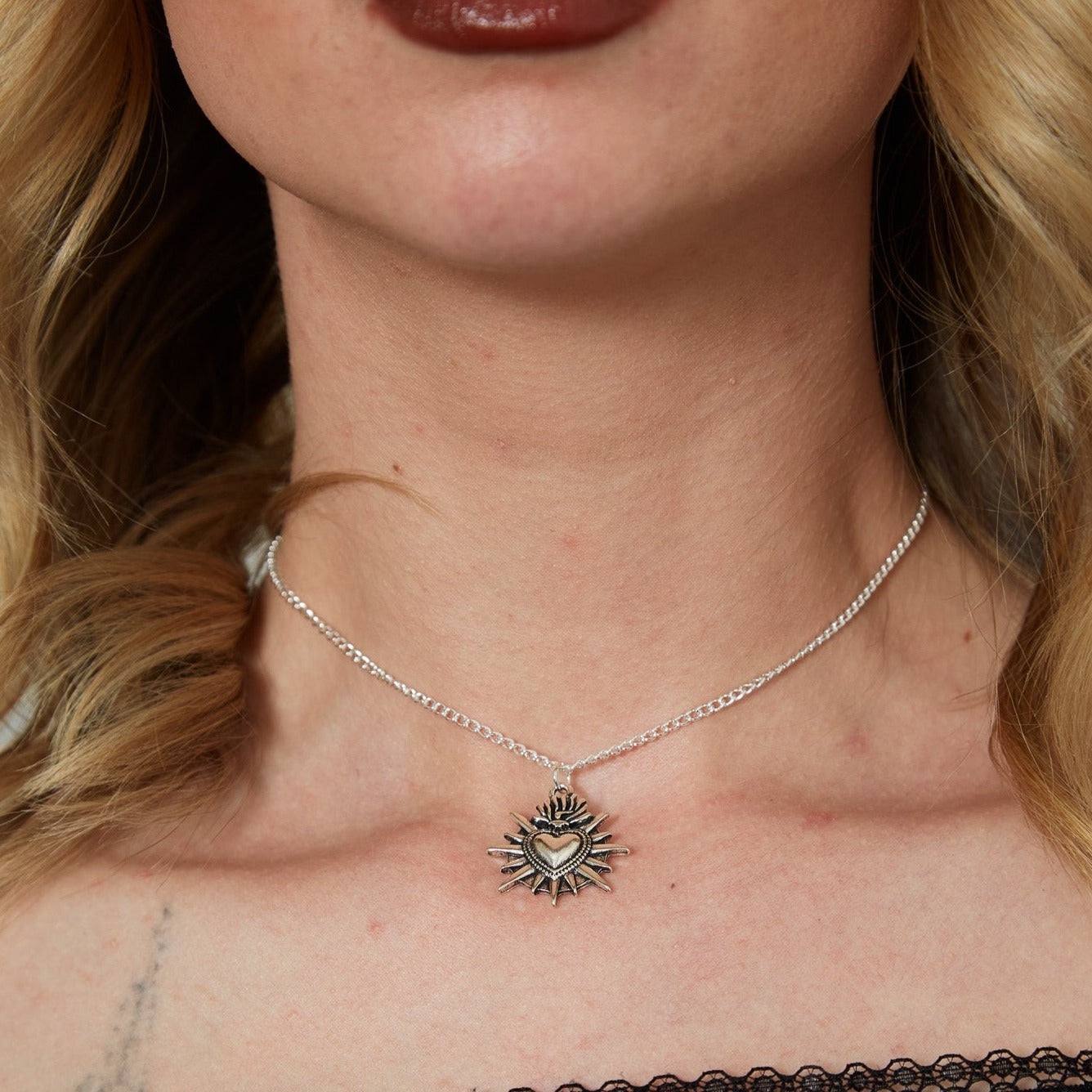 Silver Sacred Flaming Heart Charm Necklace | Shop Nory