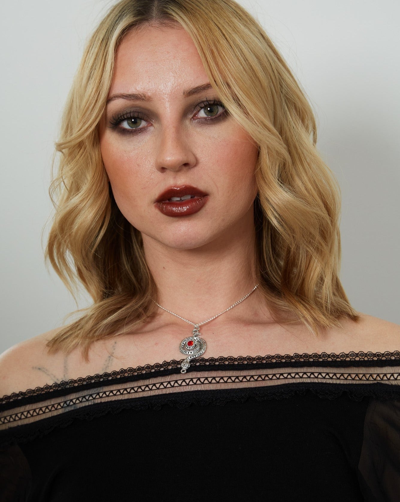 Silver Gothic Python Red Stone Charm Necklace | Shop Nory