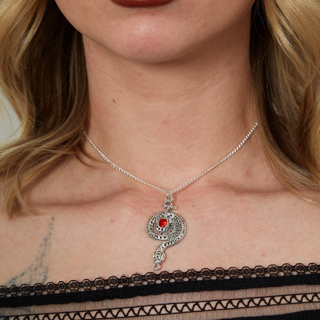 Silver Gothic Python Red Stone Charm Necklace | Shop Nory