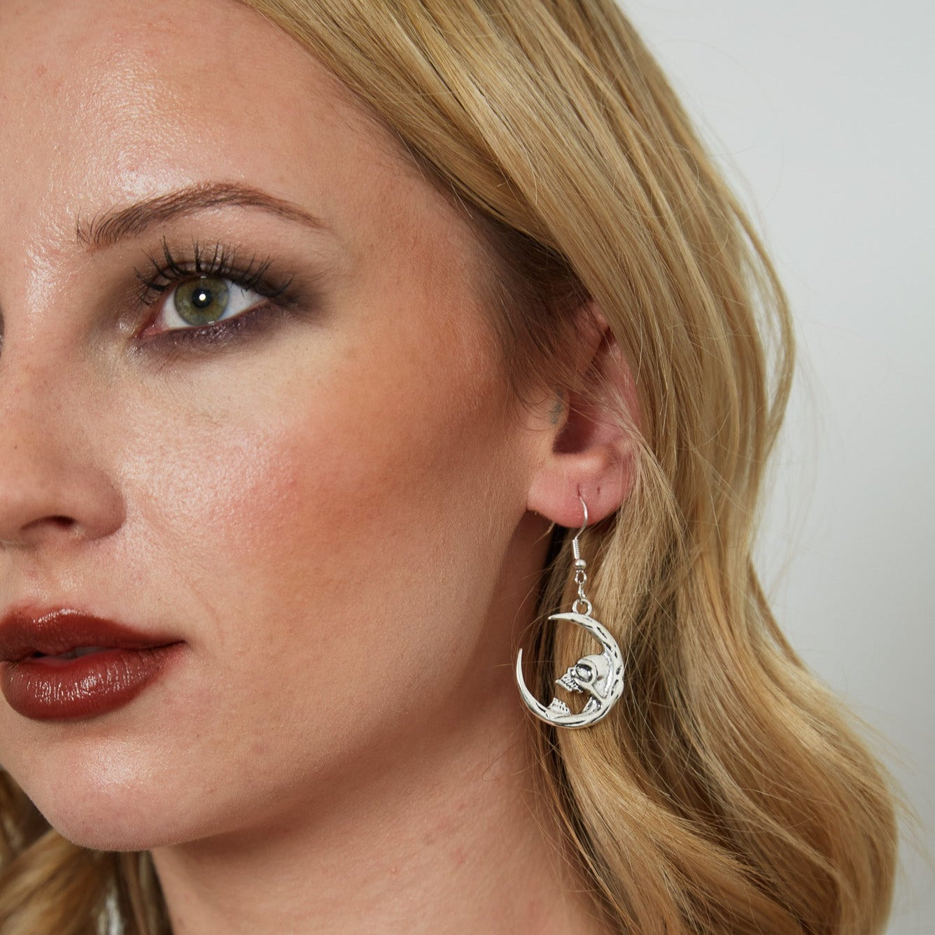 Silver Gothic Moon Skull Charm Earrings | Shop Nory