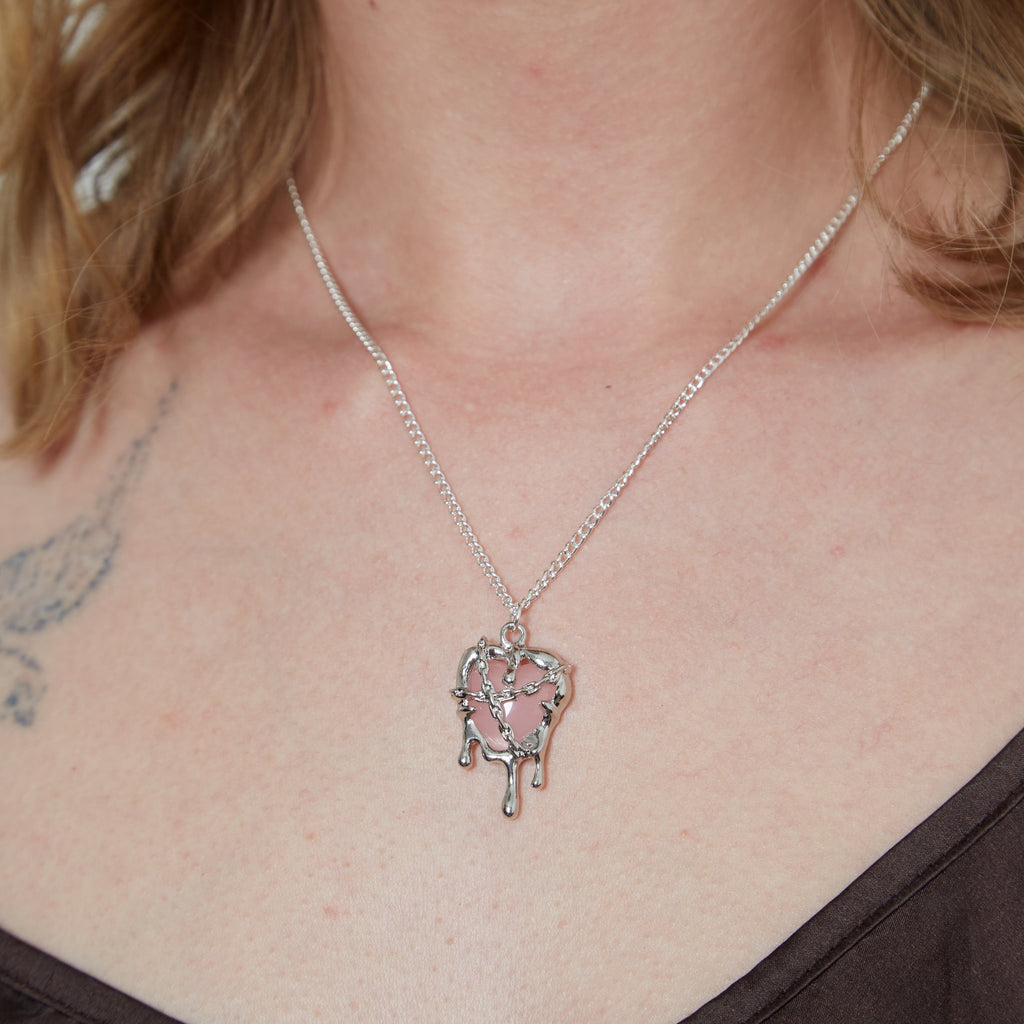 Silver Pink Resin Melting Heart Charm Necklace | Shop Nory