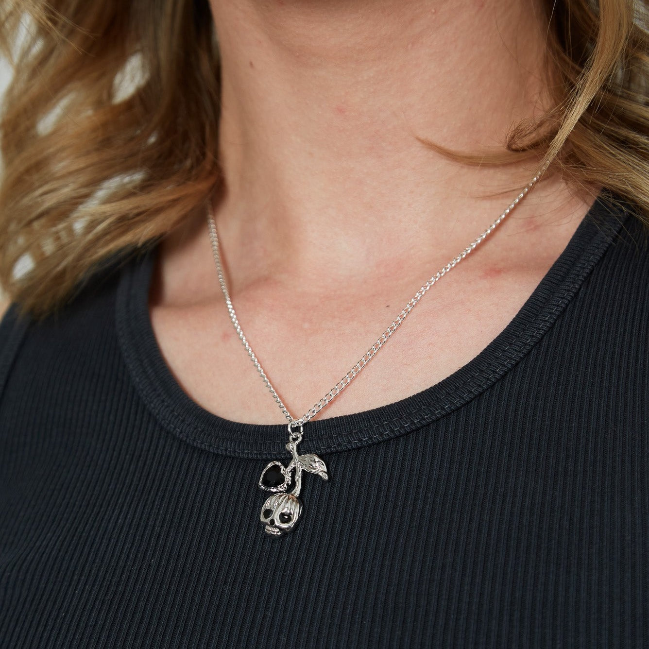 Silver Cherry Skull with Black Stones Charm Necklace | Shop Nory