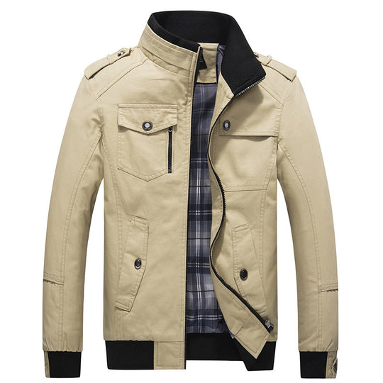Herren Utility-Canvasblouson mit Stehkragen, Epauletten und kariertem Innenfutter Shop Nory