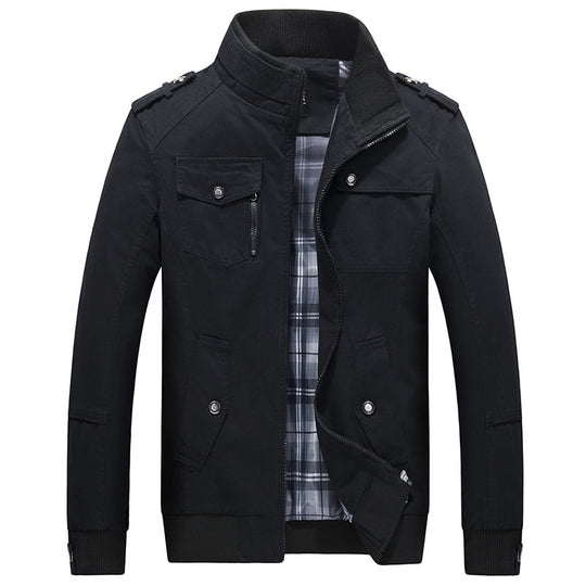 Herren Utility-Canvasblouson mit Stehkragen, Epauletten und kariertem Innenfutter Shop Nory