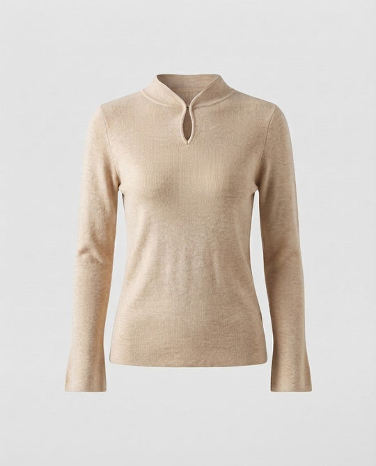 Damen Feinstrick-Longsleeve mit kurzem Stehkragen Schlitzknopf und ausgestelltem Ärmelsaum Shop Nory