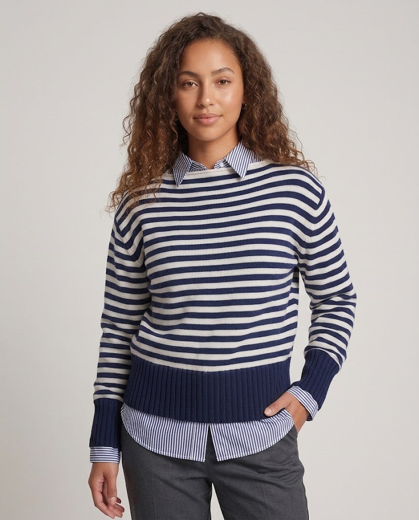 Damen Gestreifter Baumwollmix-Pullover mit breiten Marine‑Streifen und geripptem Saum Shop Nory