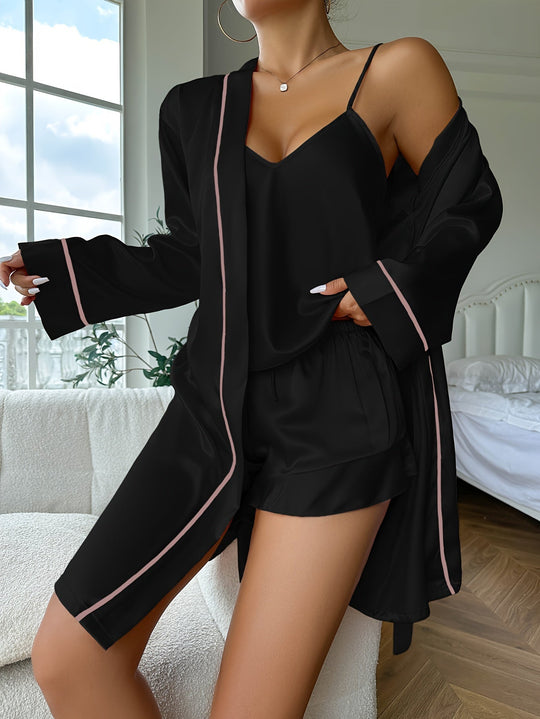 Einfarbiges Satin V-Ausschnitt Top & Shorts Pyjama-Set Für Damen
