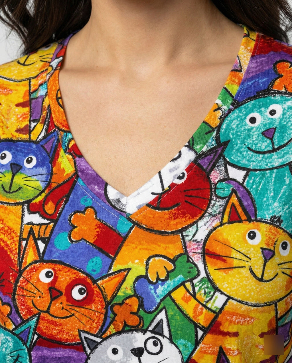 Bequemes T-Shirt Mit Buntem Katzenprint Für Damen