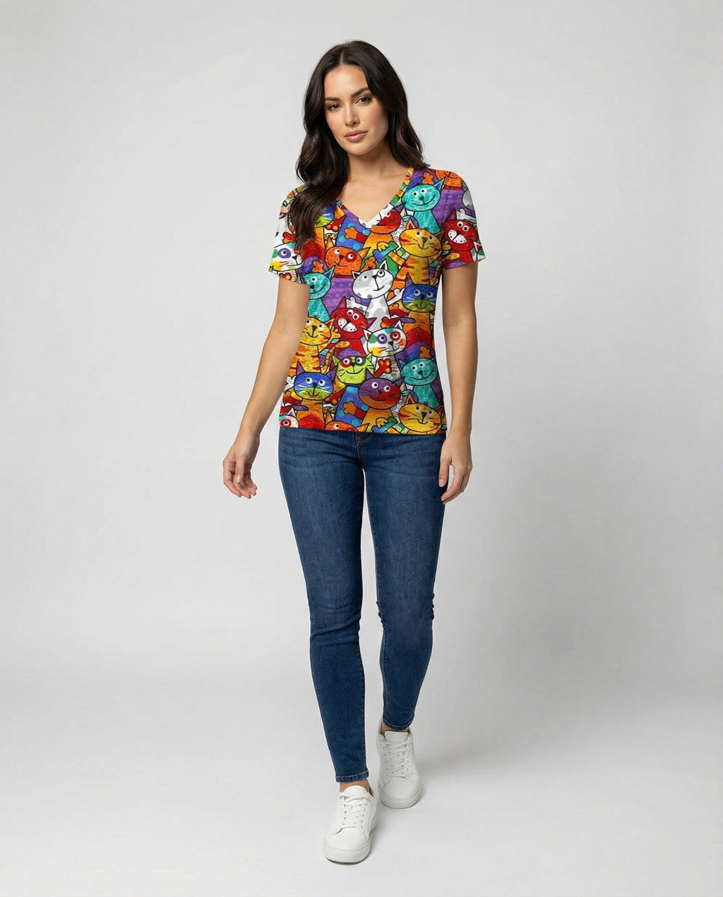 Bequemes T-Shirt Mit Buntem Katzenprint Für Damen