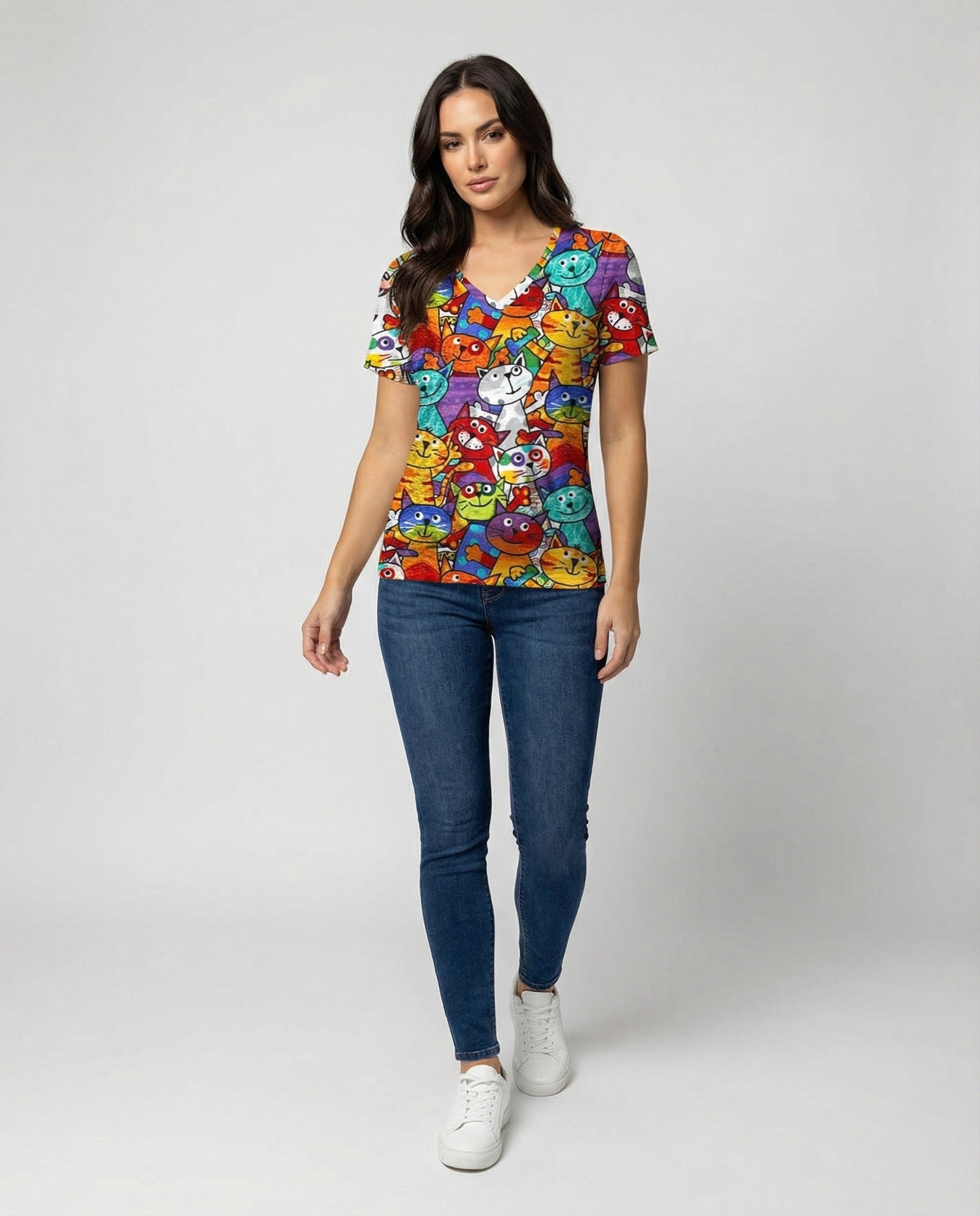 Bequemes T-Shirt Mit Buntem Katzenprint Für Damen